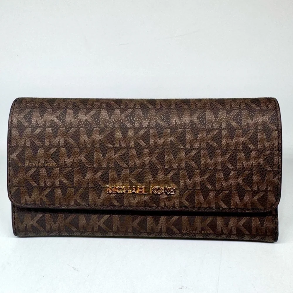 Michael Kors Large Jet Set Travel Trifold Wallet Brown Signature